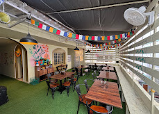 Outdoor seating with prayer flags
